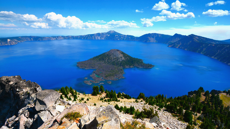 An island rises from the middle of Crater Lake, Oregon
