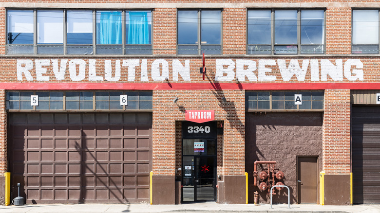 Revolution Brewing's brick face and garage on a Chicago street