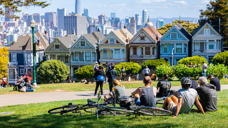 People meet on the park in front of the Painted Ladies of San Francisco