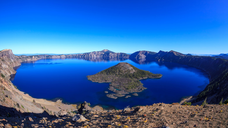 Panoramic view of Crater Lake National Park with island in the middle