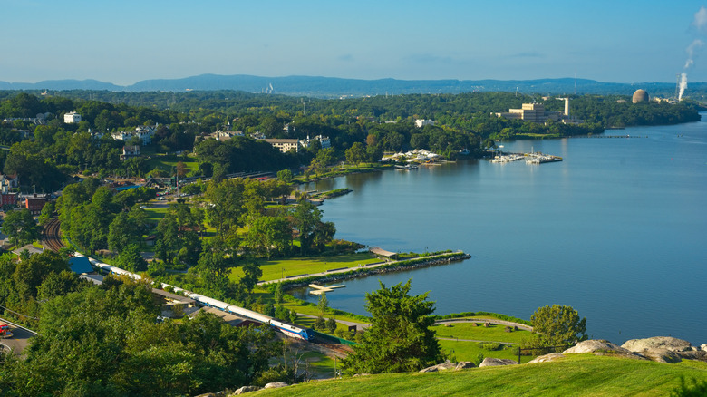 An aerial view of the Hudson River near Peekskill, New York, on a sunny day