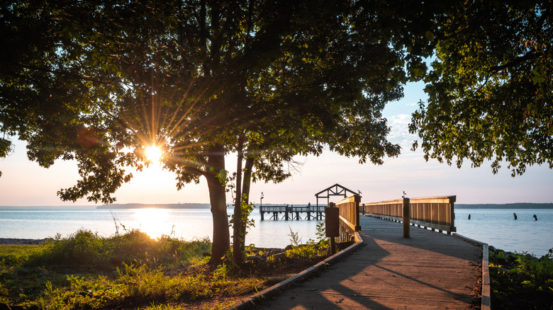 A fishing pier at sunrise along the Potomac River