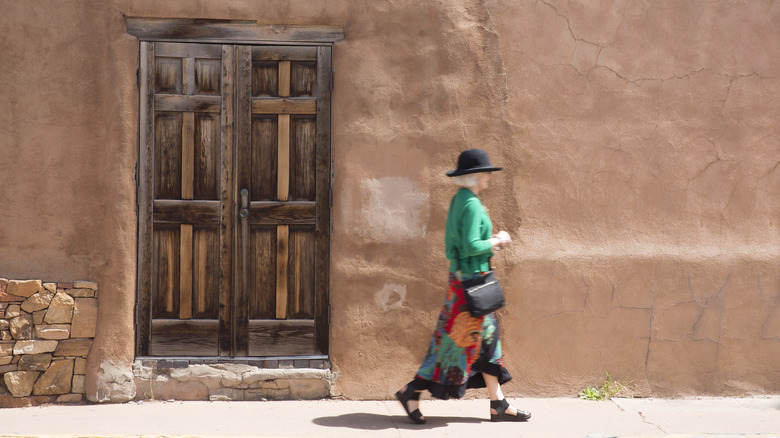adobe style wall and door in sante fe historic district