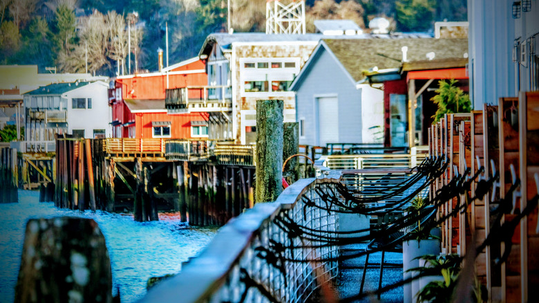 Vibrant buildings seen along the boardwalk at the port of Astoria, a town on the northern coast of Oregon that is part of the Oregon Film Trail.