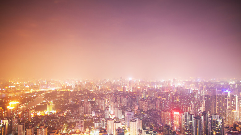 A city with light pollution, making it impossible to see the stars