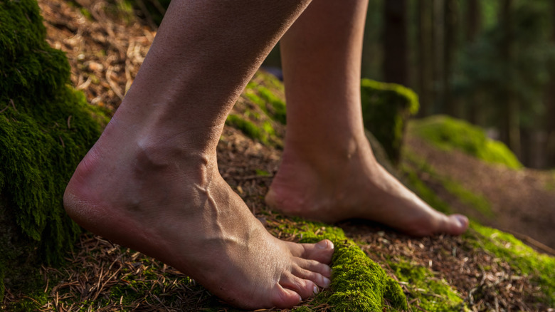 A close-up of bare feet on mossy ground