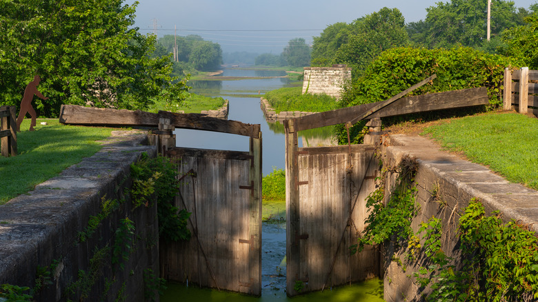 The Illinois and Michigan Canal bordered by concrete walls and vegetation