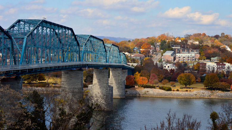 View of Walnut Street Bridge with its blue trusses
