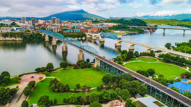 Aerial view of downtown Chattanooga and the Tennessee River
