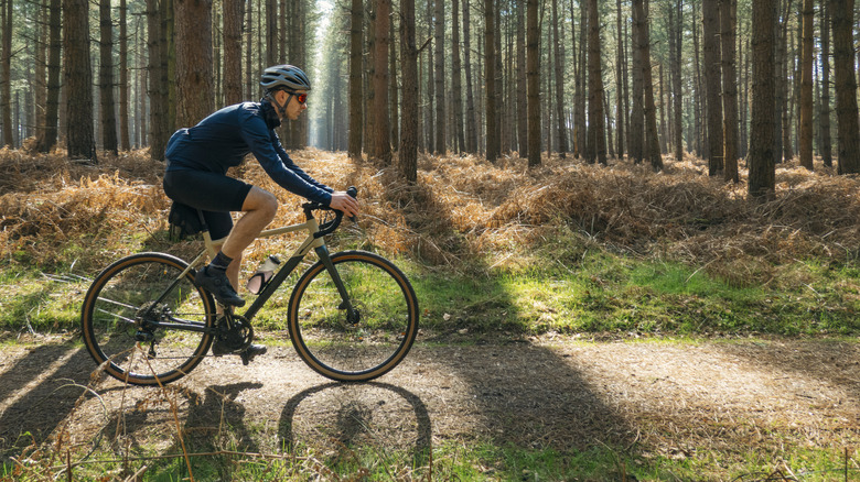 A man biking along a trail in the woods