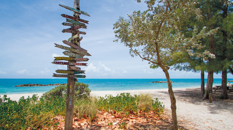 Directional signs on wooden post by beach