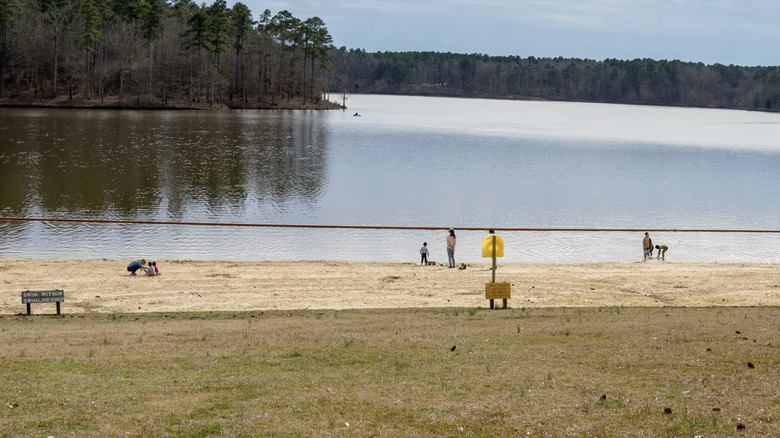 People stand and play along a sandy stretch of swimming beach at Falls Lake State Recreation Area, Wake Forest, North Carolina