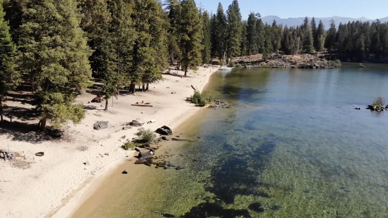 An aerial view of a beach and campsites on Kalispell Island, Priest Lake, Idaho