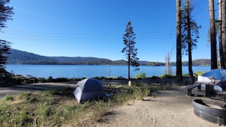 Tents perched on the shore at Billy Creek Lower Campground, Huntington Lake, California
