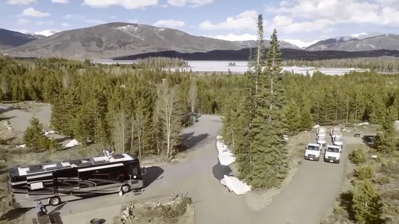 A drone shot of a motorhome at Heaton Bay Campground, Dillon Reservoir, Colorado