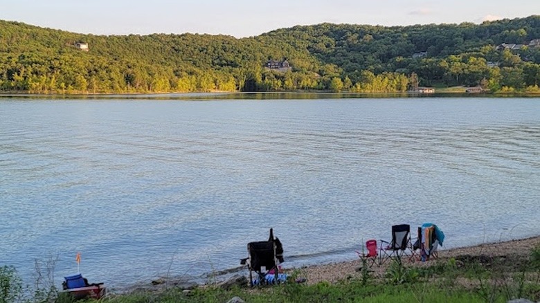 Camping chairs on the shore of Table Rock Lake from Old Highway 86 Campground in Missouri