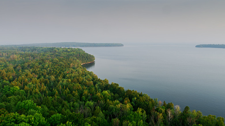 An aerial view of the shoreline of Peninsula State Park near Fish Creek, Door County, Wisconsin