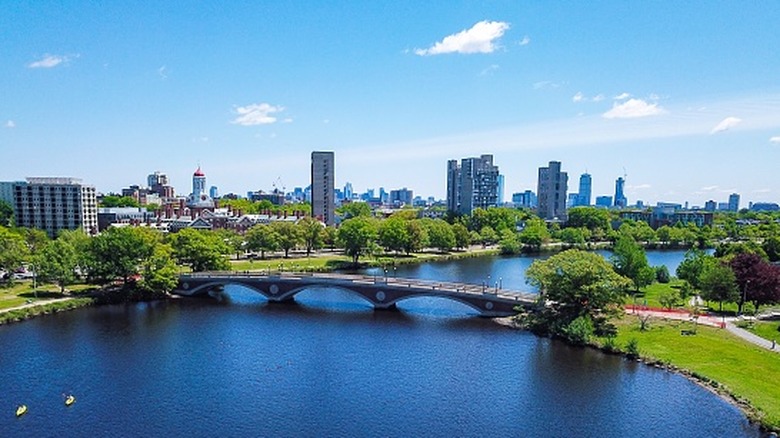 A bridge across the Charles River on a sunny day, in Cambridge, Massachusetts