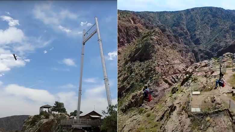 A visitor riding the Skycoaster at the Royal Gorge/A person ziplining across the Royal Gorge