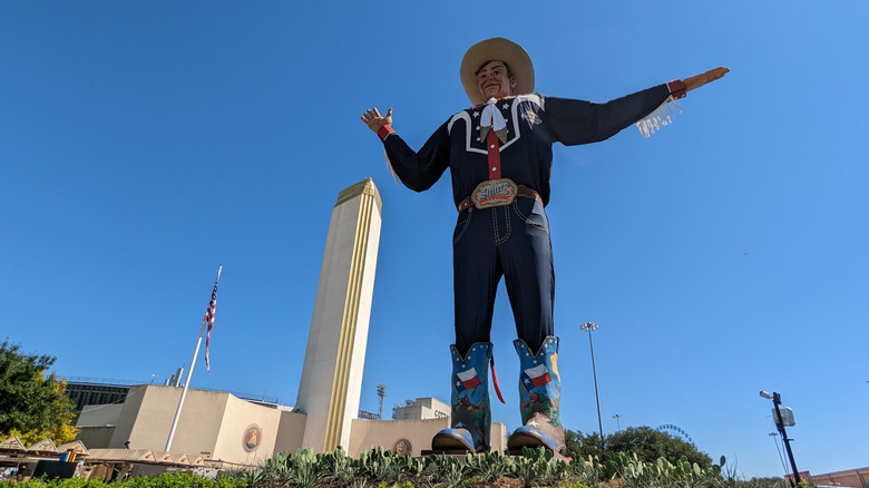 Big Tex cowboy welcomes visitors at the State Fair of Texas in Dallas
