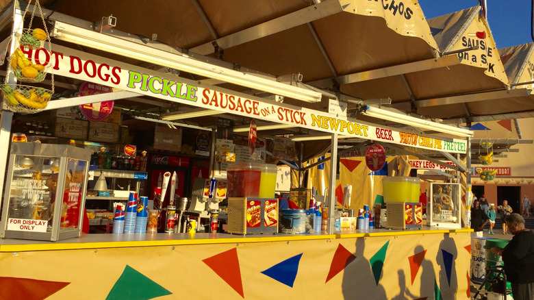 Colorful concession stands selling fair food at the State Fair of Texas in Dallas