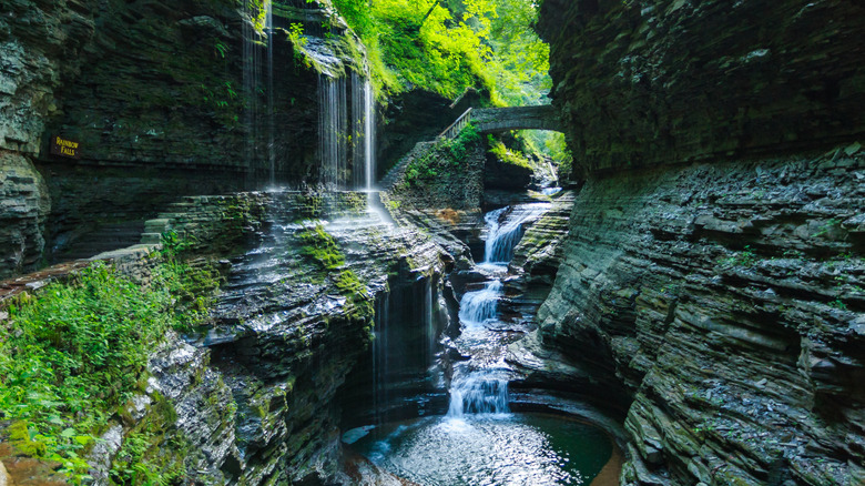 A waterfall flows into a steep-sided gorge in Pennsylvania