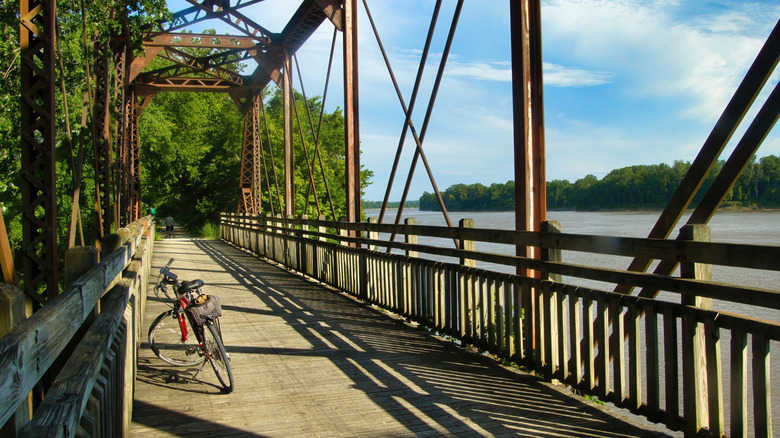 Part of the Katy Trail crossing a bridge with a bike over the Missouri River