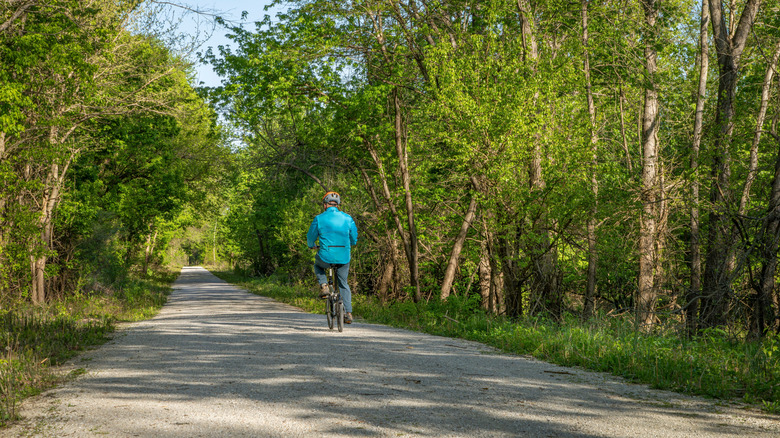 A cyclist riding the Katy Trail, Missouri, with trees lining the track