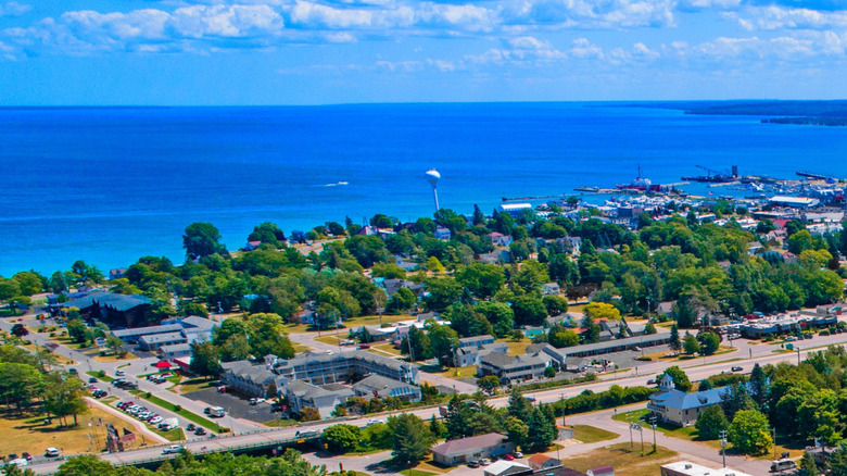 Aerial view of Mackinaw City, Michigan, a town along the North Country National Scenic Trail
