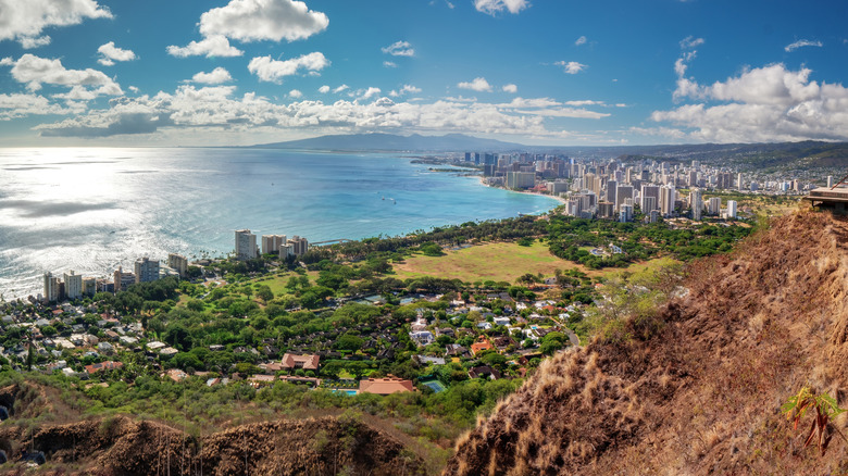 Panoramic view from the Diamond Head Crater across the Honolulu downtown in Hawaii