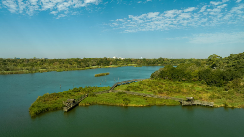 A wooden boardwalk winds across a peninsula extending into the water at Armand Bayou Nature Center, in Pasadena, Texas.