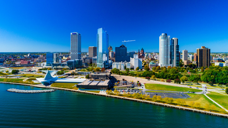 Aerial skyline view of Milwaukee from above Lake Michigan