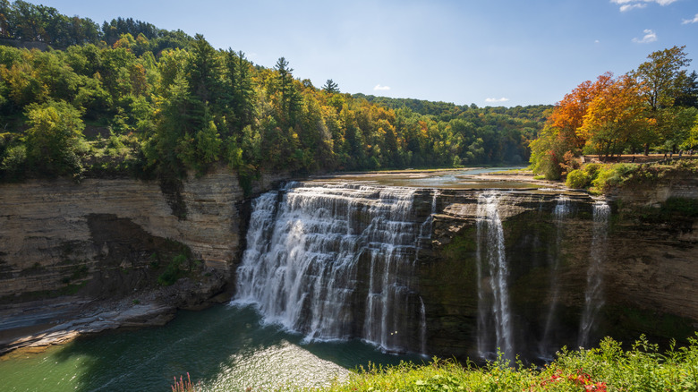 A waterfall going over the gorge at Letchworth State Park
