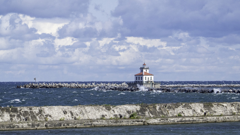 The Oswego Harbor West Pierhead Lighthouse on Lake Ontario in Oswego, NY
