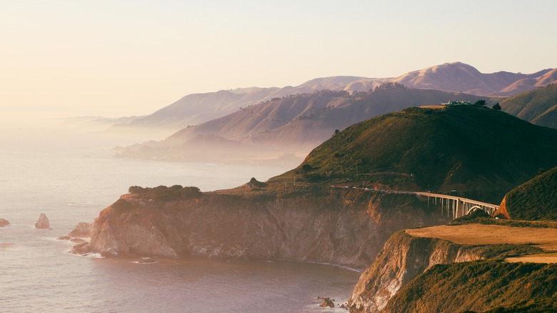 View looking down toward Big Sur of Highway 1 and Bixby Bridge