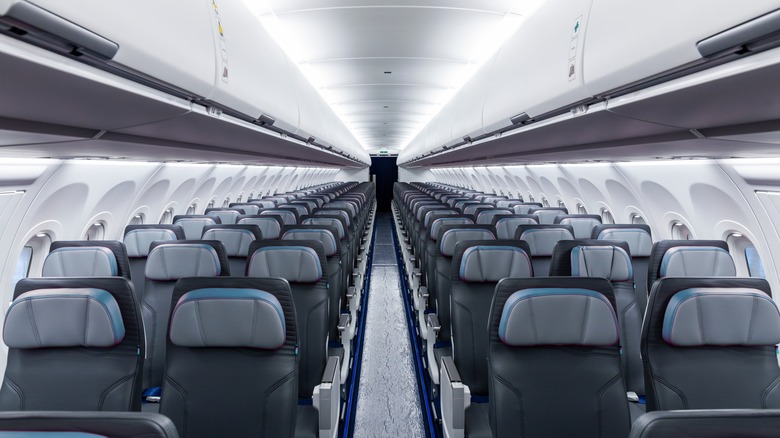 Interior view of an empty airplane cabin