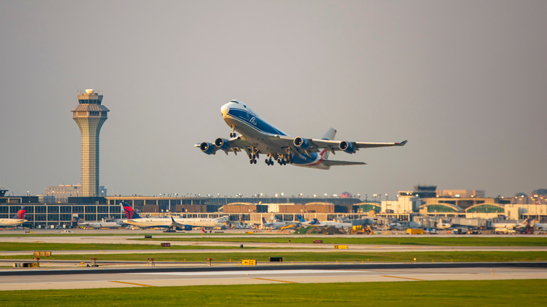 A cargo plane taking off from Chicago O'Hare Airport.