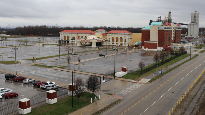 A view of East St. Louis, showing mostly empty parking lots and gray skies
