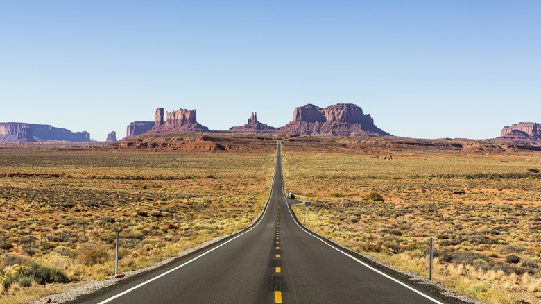 Route 66 running through a desert landscape