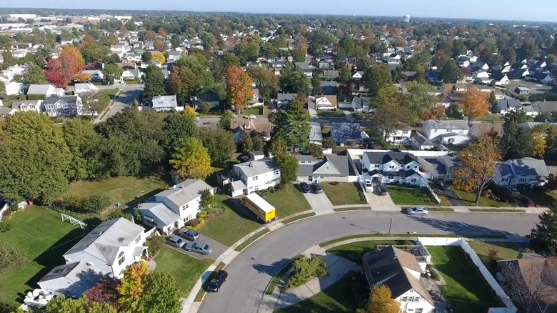 Aerial view of a suburban street in Levittown, New York