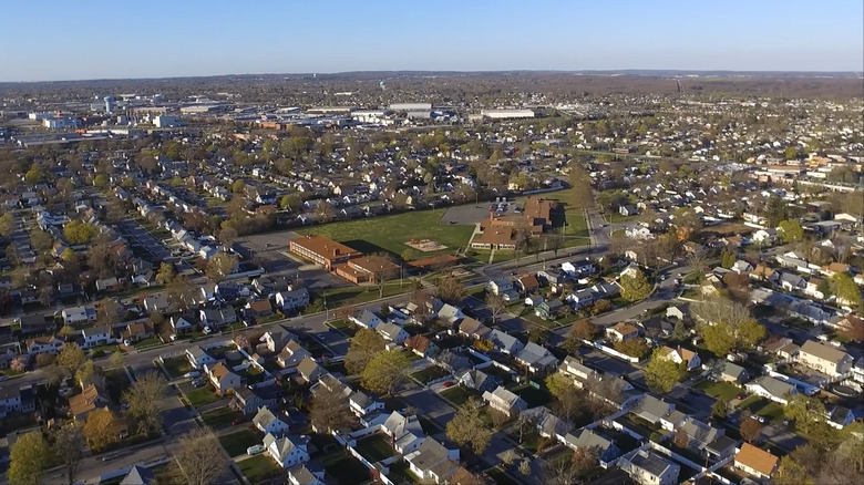 Aerial view of suburban grid in Levittown, New York