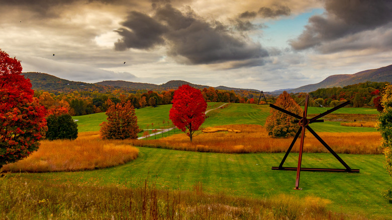 Storm King Art Center with sculptures amid a rolling, autumnal landscape in Hudson Valley, New York