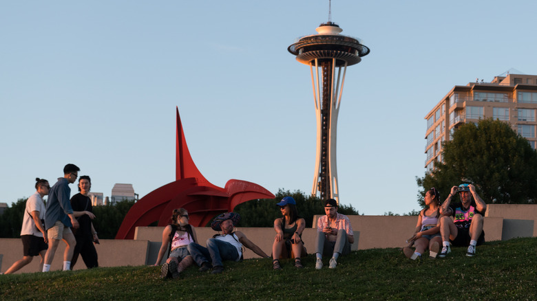 Young people hang out in Olympic Sculpture Park, Seattle