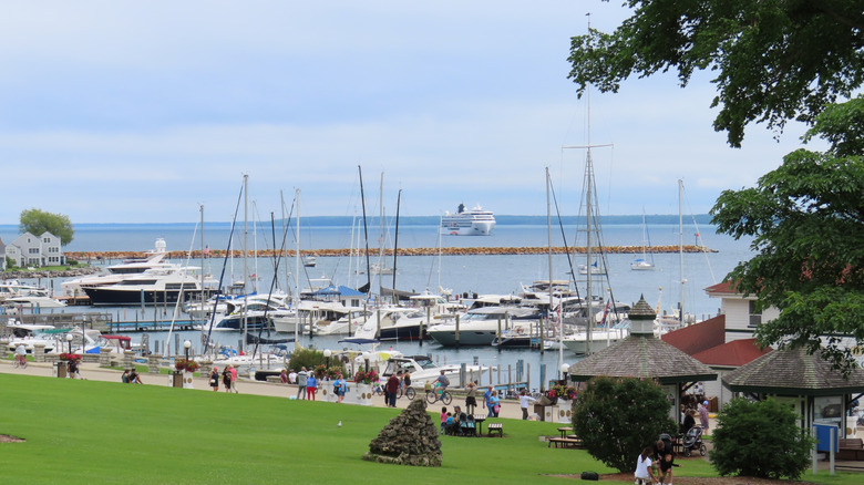 A bustling marina on Mackinac