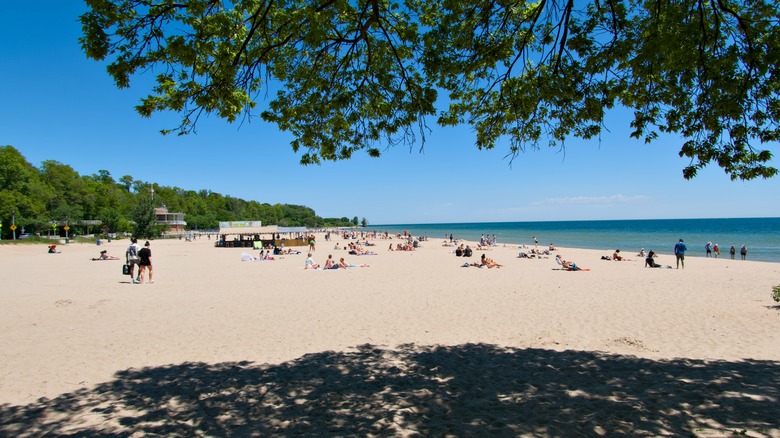 People sunbathing on the sand at sunny Bradford Beach in Milwaukee.