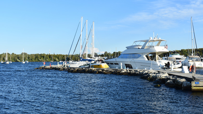 A view of the docks and boats at Egg Harbor marina in Door County, Wisconsin.