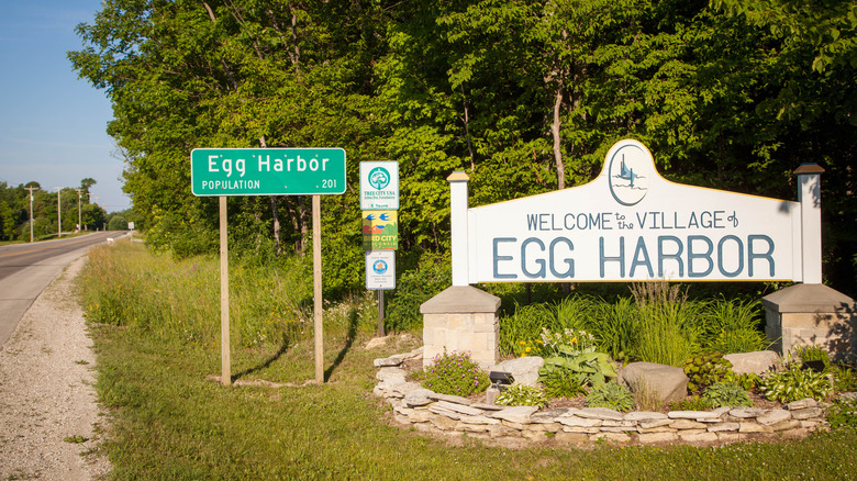 A welcoming road sign when entering Egg Harbor, Wisconsin