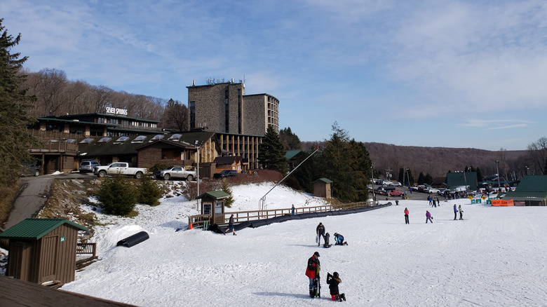 Skiers at Seven Springs Mountain Resort in Champion, Pennsylvania