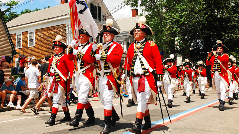 Men dressed as British redcoats in the Bristol, Rhode Island 4th of July parade