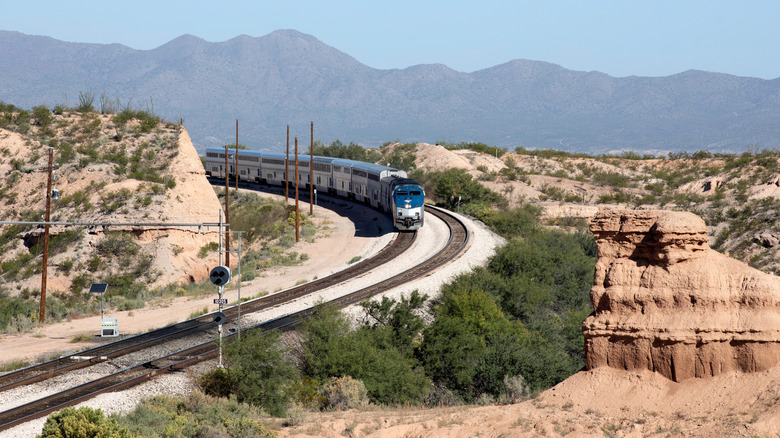 Amtrak's Sunset Limited train in the desert near Benson, Arizona